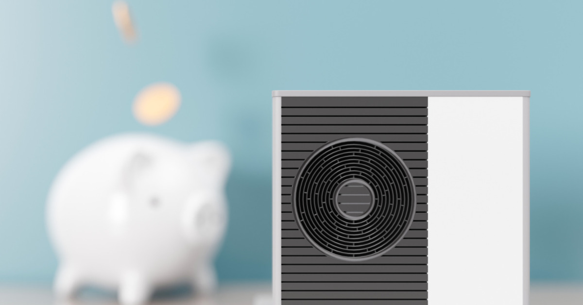 Air Heat Pump And Piggy Bank On Blue Background Modern Environmentally Friendly Heating Save Your Money With Air Source Heat Pump Free Copy Space For Your Text Advertising 3d Render OnPoint electricians - air source heat pump