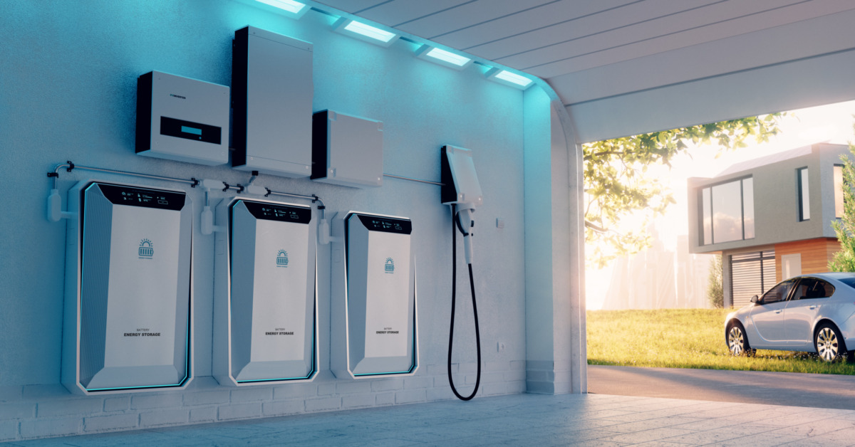Concept Of A Home Battery Energy Storage Located In A Garage With A Sunny Background With Lawn Car Family House And Big City 3d Rendering OnPoint installations - power storage